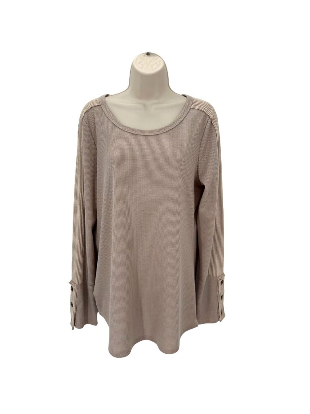 Lovely Melody Womens Taupe Button Cuff Detail Waffle Knit Long Sleeve Top Size L